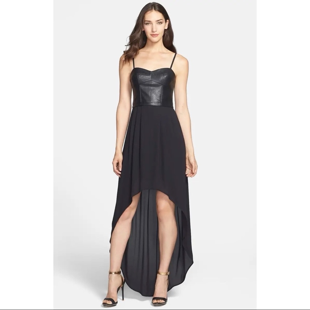 BCBCMaxAzria Black Leather Top High Low Gown